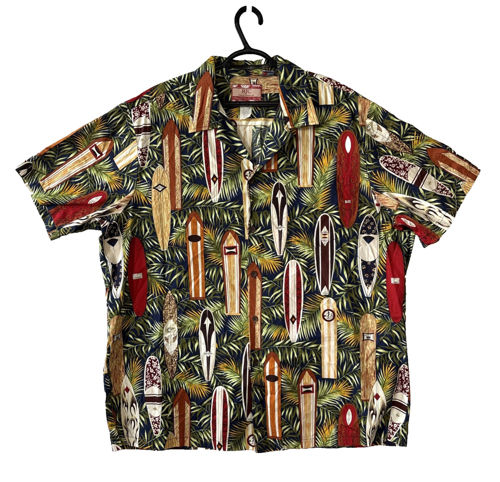 RJC Mens XXL Hawaiian Shirt Long Boards 100% Cotton Green Brown Orange USA